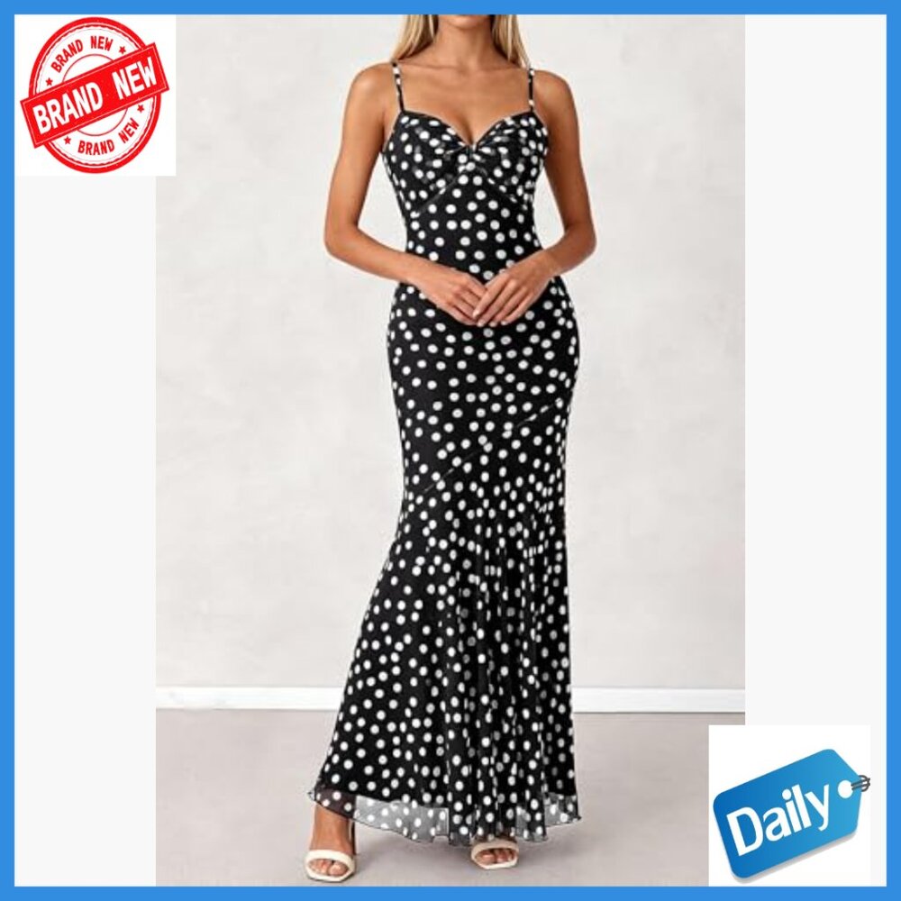 Maxi Dress with Spaghetti Straps Twist Knot Front Mermaid Hem Summer Casual - Picture 4 of 7